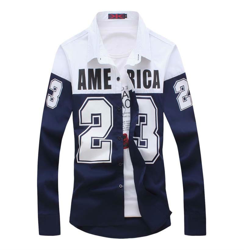 Mens New Long Sleeve Patchwork Letter Shirts