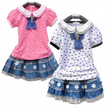 Girls Doll Neck Short Sleeve Printed Skirt Sets